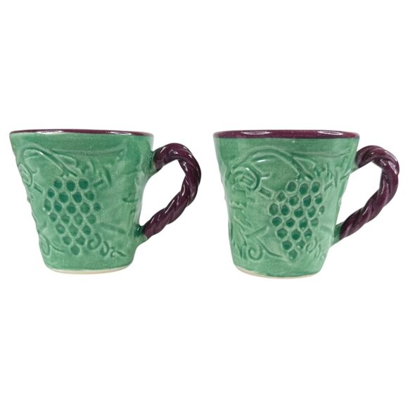 2 Fioriware Jardinware Grape Garland Embossed Leaf Mugs Green Twisted Handle - Picture 1 of 7